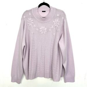 Vintage Floral Embroidered Lavender Purple Sweater Cableknit Est Sz 3X